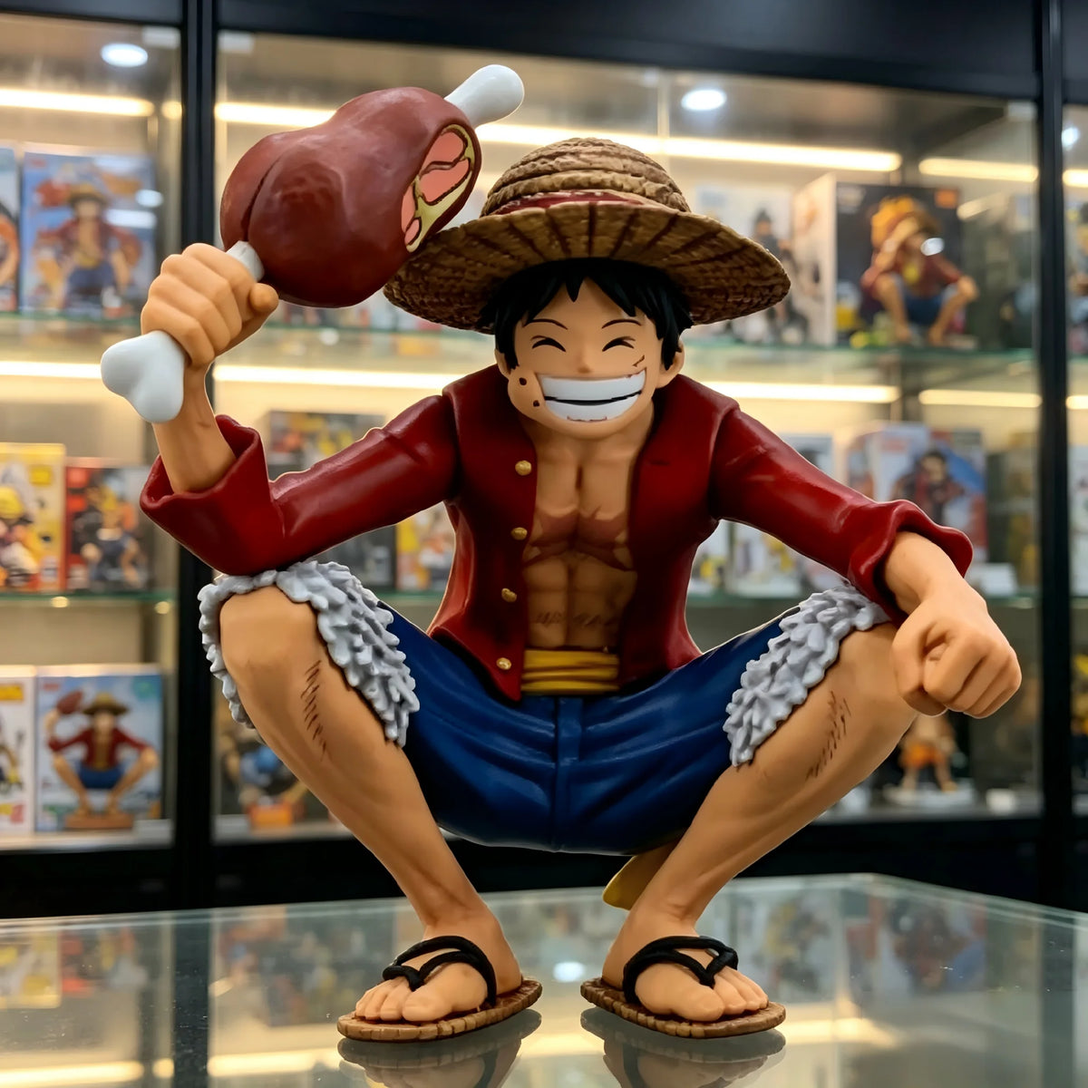 One Piece Straw‑Hat Luffy Collectible Figure, Squat Pose With Meat Bone PVC Statue Model, Desktop Decor, Anime Fan Gift