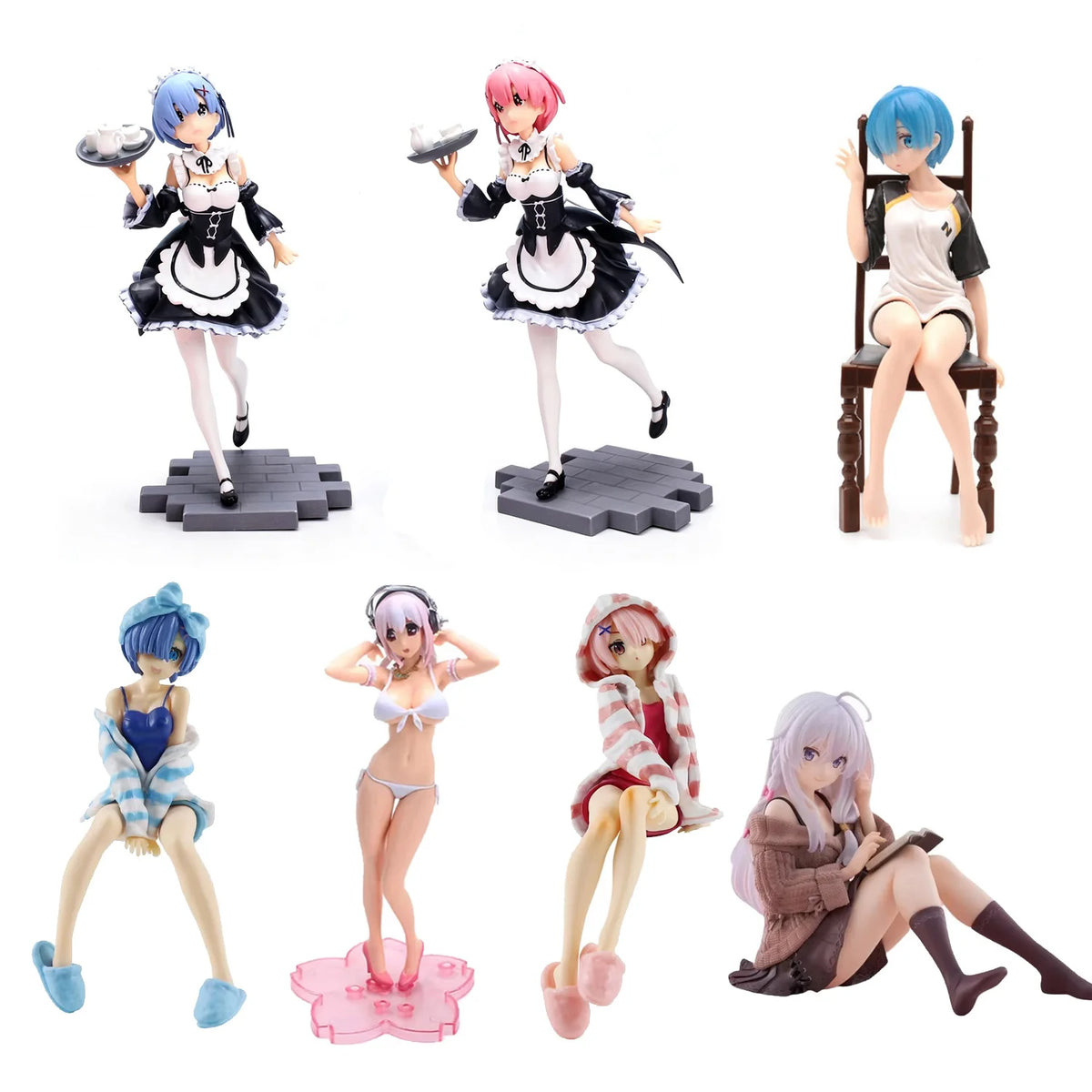 Rem Ram Emilia Anime Character Figure Statue, Detailed Painted Desktop Collectible Ornament for Shelf Display & Gifting