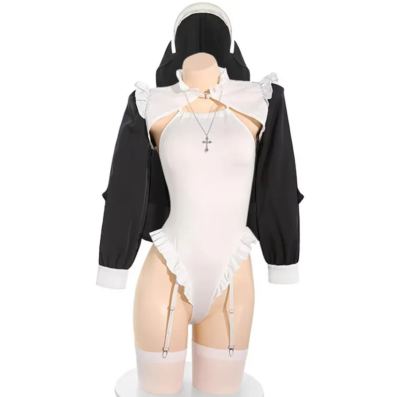 Anime Convent Nun Cosplay Costume Sexy Maid Bodysuit Garter Stockings Outfit Role Play Lingerie Halloween Costumes