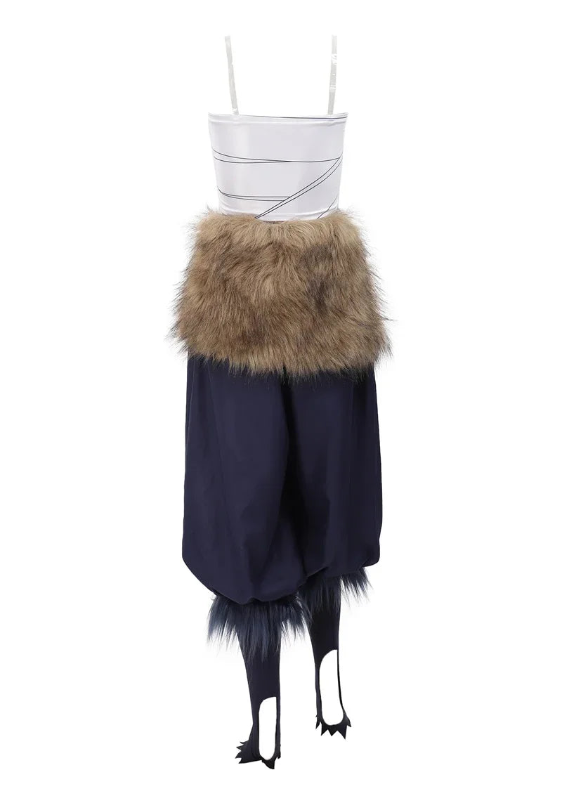 Women's Hashibira Inosuke Cosplay Costume Tops Pants Fake Fur Apron and Fake Fur Leg Accessory for Halloween