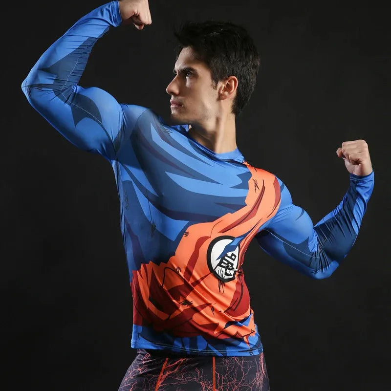 Bandai Dragon Ball Z Goku Battle-damaged Suit Cosplay Costume Anime Adult Kids Long Sleeve Compression Dry Fit T-Shirt Summer