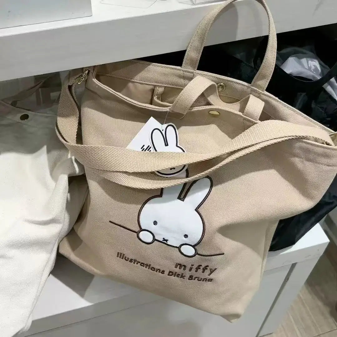 Kawaii Anime Miffy Canvas Bag Large Capacity One-shoulder Zipper Tote Bag Cute Student Travel Portable Schoolbag Christmas Gifts