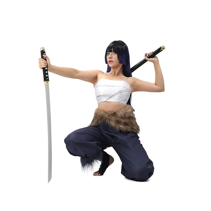 Women's Hashibira Inosuke Cosplay Costume Tops Pants Fake Fur Apron and Fake Fur Leg Accessory for Halloween