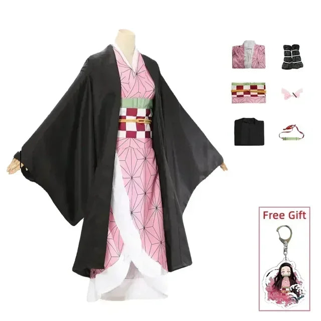 2025  Kamado Nezuko Cosplay Kostuum Anime Kimono Kamado Nezuko Pruik Uniform Halloween Vrouwen Kinderkleding