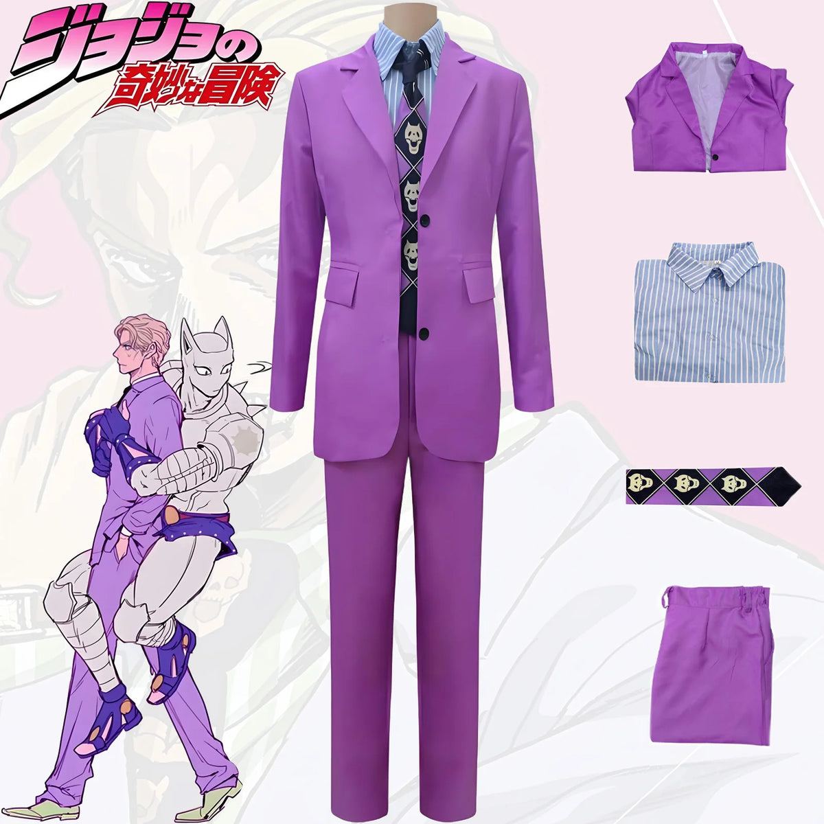JoJo's Bizarre Adventure Kira Yoshikage Suits Coat Shirt Pants&Tie Men Anime Cos Outfit For Halloween Carnival Party Cos Costume