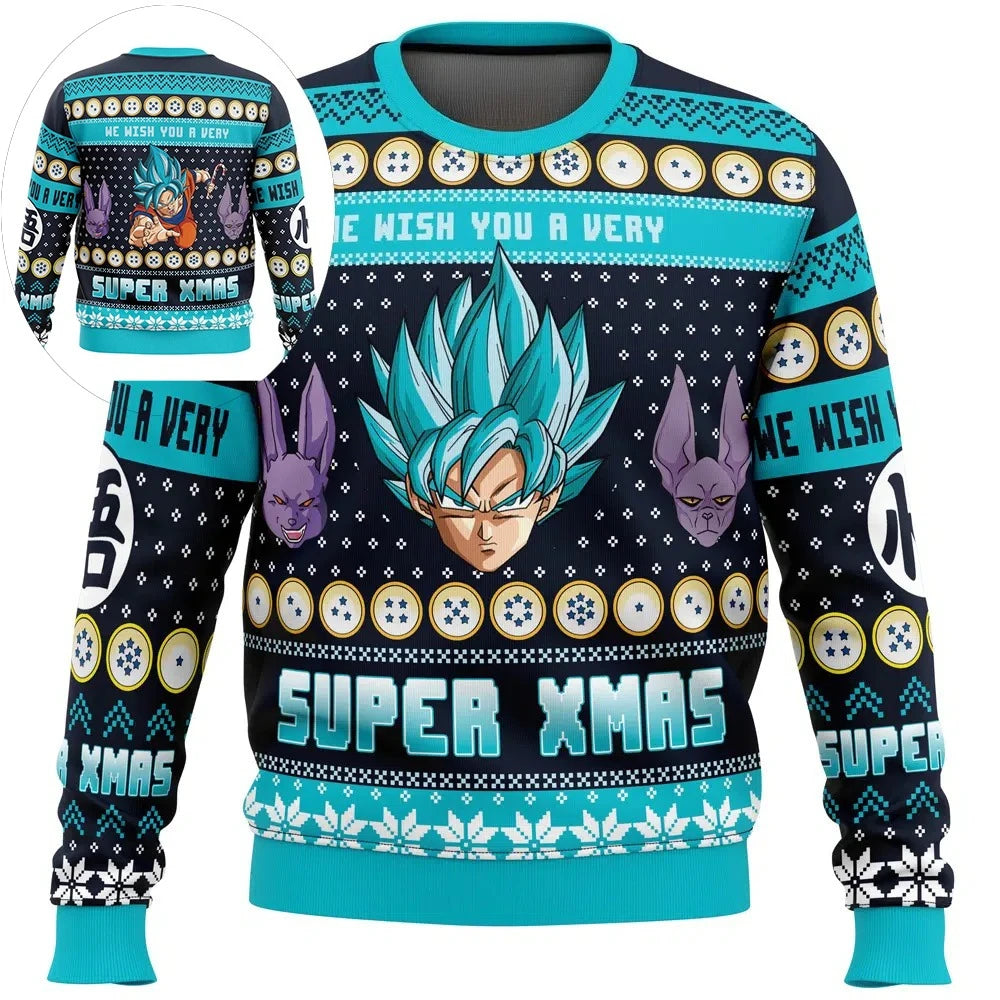 2026 Autumn Winter Dragon Ball Super Goku Blue Beerus Cosplay Pullover Hoodie, 3D Print Retro Oversized Top for Unisex Kids Y2k