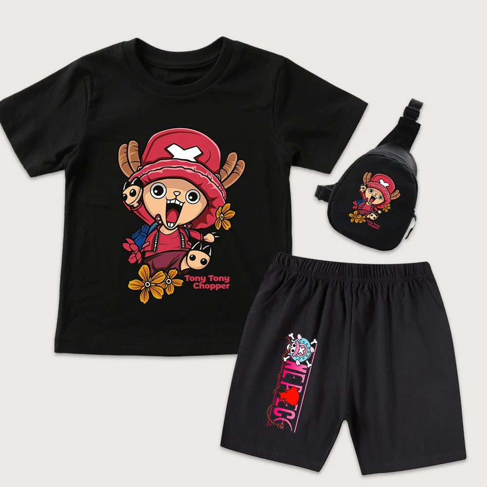 One Piece Chopper Anime Print Kids Cotton T Shirt Shorts Mini Chest Bag 3 Piece Set Boys Girls Casual Outfit