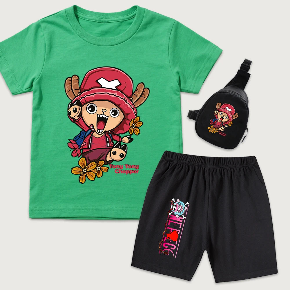 One Piece Chopper Anime Print Kids Cotton T Shirt Shorts Mini Chest Bag 3 Piece Set Boys Girls Casual Outfit