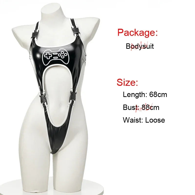 Anime Game Controller Print PU Leather Bodysuit Women Sexy Lingerie Cyberpunk Swimsuit Cosplay Buckle Pajamas Outfits Costumes