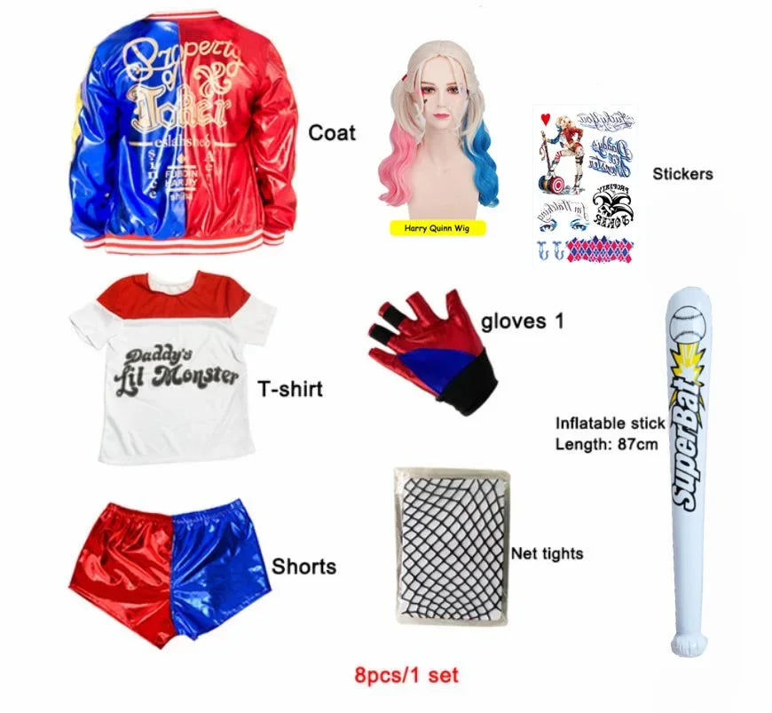 Meisjes Vrouwen Zelfmoord Harley Cosplay Kostuums Squad Quinn Monster Gestikte Jas Broek Sets Halloween Anime Kostuum Korte