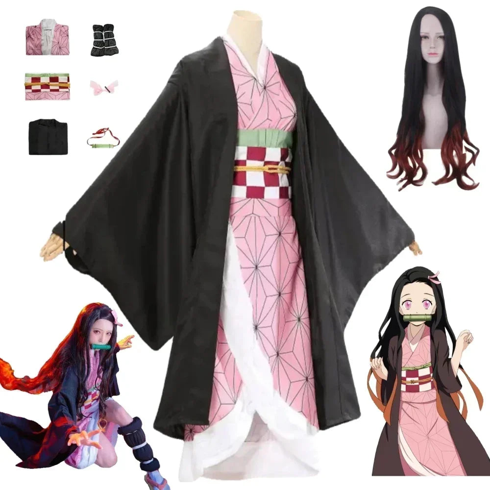 2025  Kamado Nezuko Cosplay Kostuum Anime Kimono Kamado Nezuko Pruik Uniform Halloween Vrouwen Kinderkleding