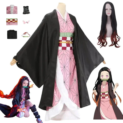 2025  Kamado Nezuko Cosplay Kostuum Anime Kimono Kamado Nezuko Pruik Uniform Halloween Vrouwen Kinderkleding