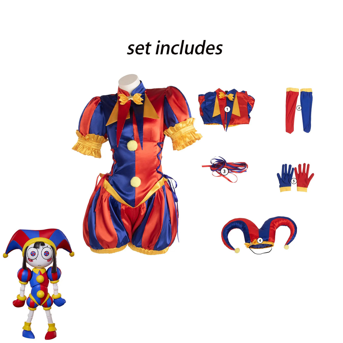 Pomni's Same Satin Red Blue Color Blocked Clown Jumpsuit with Bubble Sleeves and Ruffled Edges, Court Set for Halloween Party
