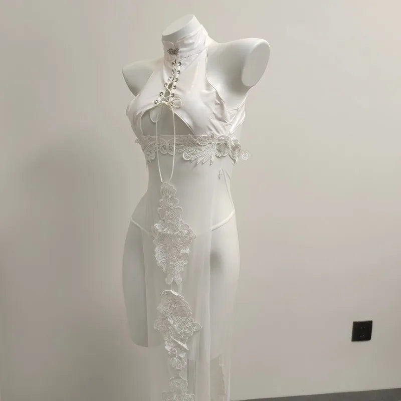Hollow Out Anime Cosplay Costume Women Erotic Halloween demon cosplay PU Leather Lingerie Embroidery Print Cheongsam Long Dress