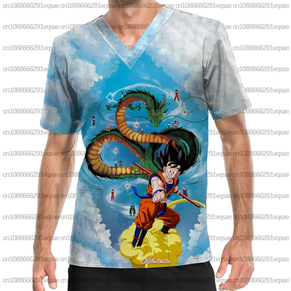 Summer Men's Surgical Gown with Dragon Ball Anime Print, V-Neck Nurse Uniform Top with Pockets, Medical Clothing