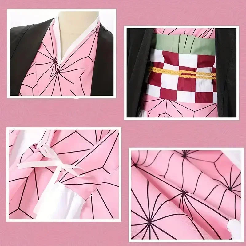 2025  Kamado Nezuko Cosplay Kostuum Anime Kimono Kamado Nezuko Pruik Uniform Halloween Vrouwen Kinderkleding