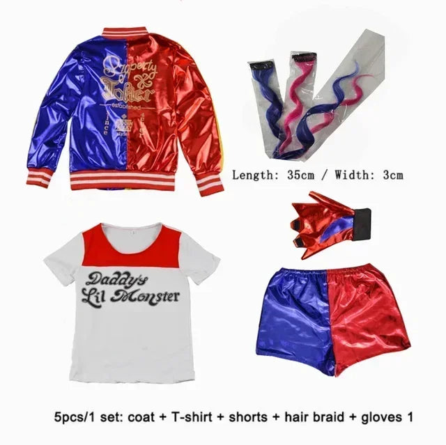 Harley Costumes Cosplay Suicide Quinzel Kids Girls Quinn Squad T Shirt Joker Jacket Halloween Costume