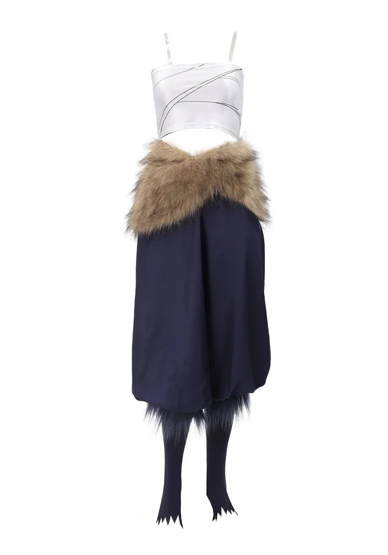 Women's Hashibira Inosuke Cosplay Costume Tops Pants Fake Fur Apron and Fake Fur Leg Accessory for Halloween