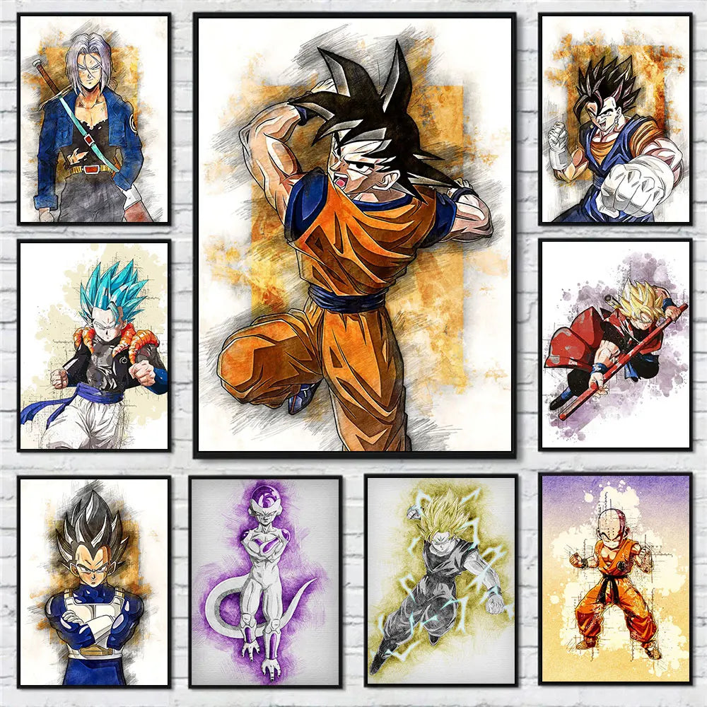 Dragon Ball Posters Anime Peripherals Figures Goku Vegeta Canvas Painting Art Watercolour Picture Modern Home Wall Decoration