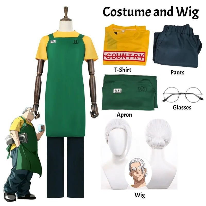 Anime Sakamoto Days Taro Sakamoto Cosplay Costume Yellow Retired T-Shirt Green Apron Glasses Halloween Party Suit For Men