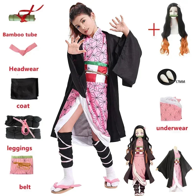 Anime character Kamado Nezuko Cosplay costume, Japanese anime adult and children's carnival party wigs, Halloween costumes