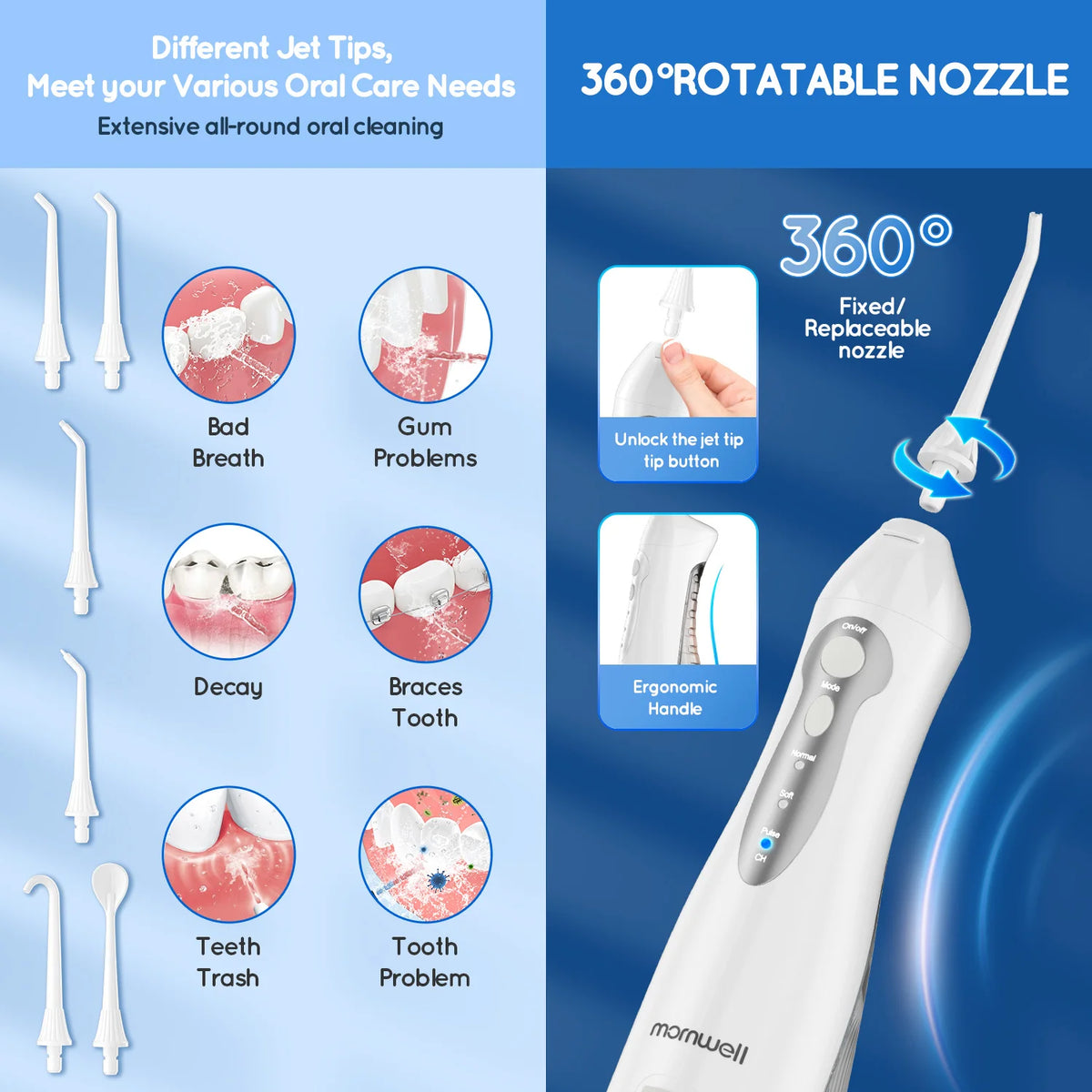 D52 Portable Cordless Water Flosser USB Rechargeable Water Jet Floss Tooth Pick 6 Jet Tip 300ml 3 Modes Teeth Clean for Travel