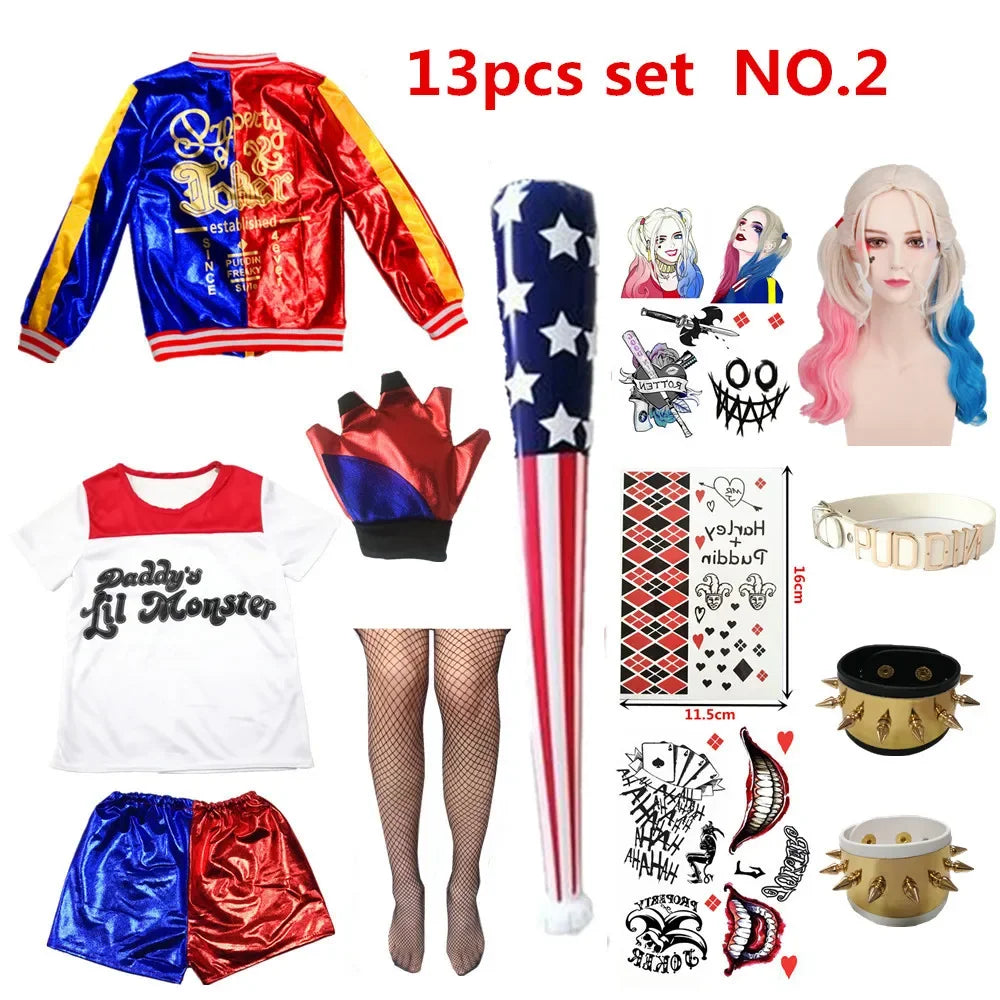 Costume de carnaval Harleen Quinzel pour femmes et filles, T-shirts, veste supérieure avec perruque