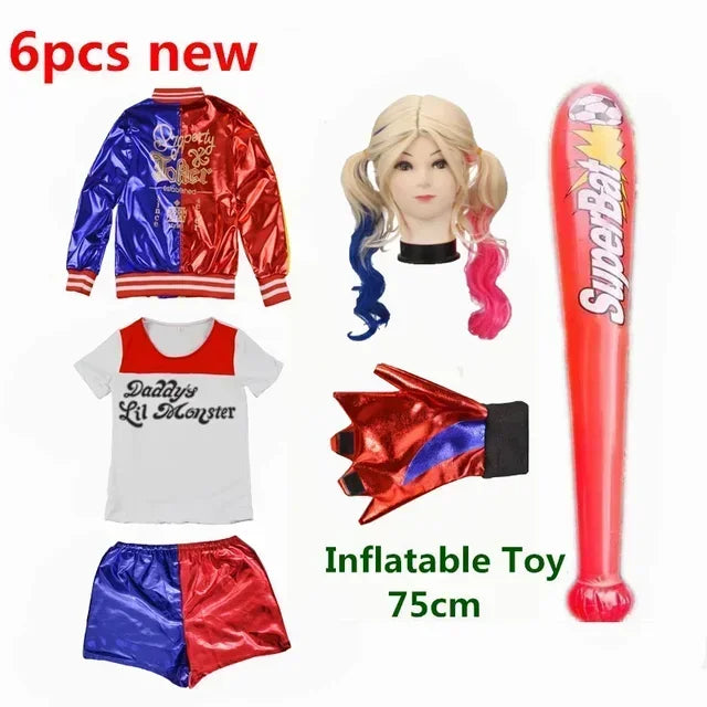 Harley Costumes Cosplay Suicide Quinzel Kids Girls Quinn Squad T Shirt Joker Jacket Halloween Costume