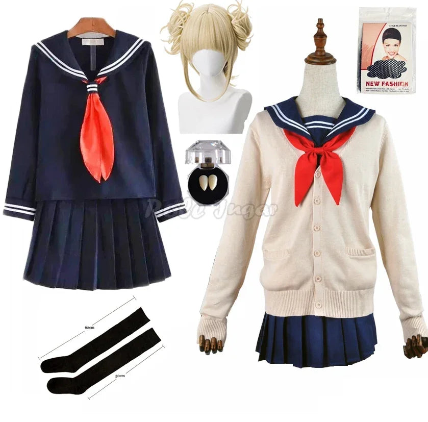 Japanese Korean Anime Cosplay Halloween Costume Women Girls Himiko Toga Cos JK Sailor Uniform Sweater Coat Wig dress up