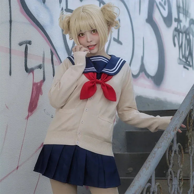 Japanese Korean Anime Cosplay Halloween Costume Women Girls Himiko Toga Cos JK Sailor Uniform Sweater Coat Wig dress up
