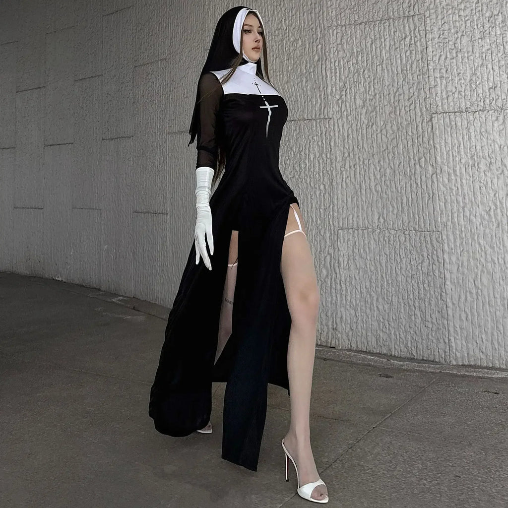 New Anime Cosplay Costume Sexy Nun Dress Women Fancy Gothic Robe Long Black Uniform Adult Party Carnival Themed Events