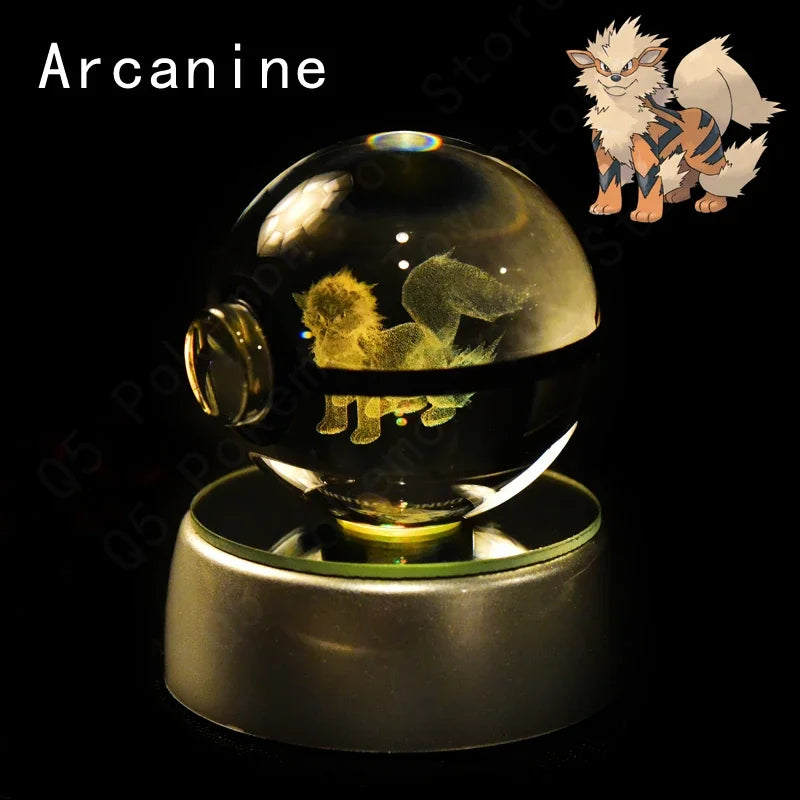 3D Pokemon Crystal Ball 5CM Mewtwo Pikachu Gengar Crystal Glass Pokemon Ball Pokeball Figure Night Light LED Lamp Base Gift