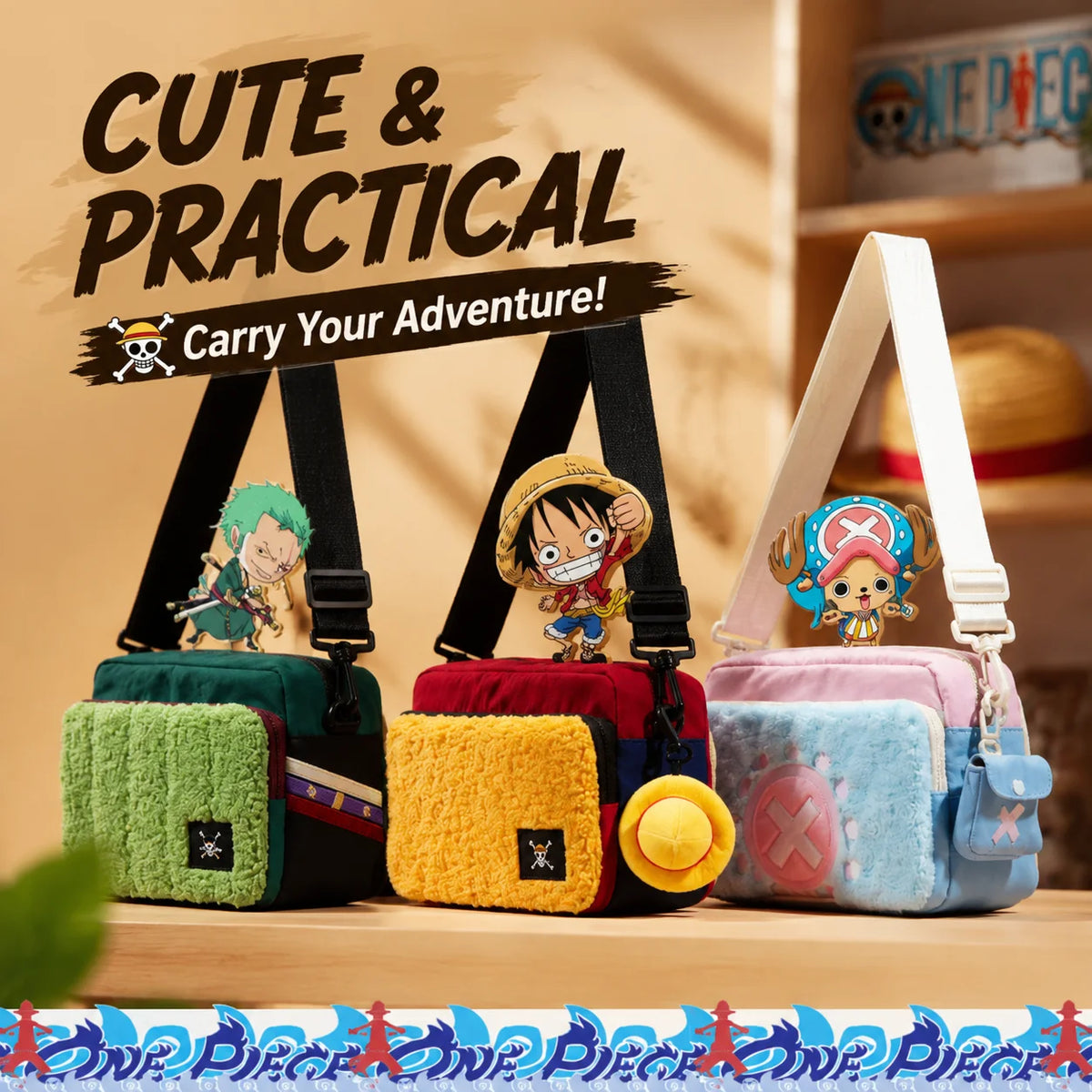 Official One Piece Anime Shoulder Bag Luffy Zoro Chopper Crossbody Bag Waterproof Layer Travel Storage Bag Fans Collection Gift.
